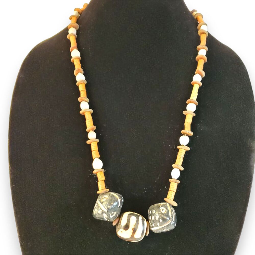 Vintage Job's Tears Seed Necklace Batik Bone Coconut Shell Boho Tribal 26"